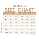 Nuggles® camisole size chart showing sizes S to XXL with corresponding chest measurements in inches.