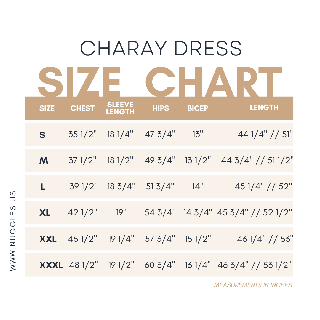 Nuggles® Charay Dress size chart showing chest, sleeve length, hips, bicep, and high-low hem measurements in inches for sizes S to XXXL.