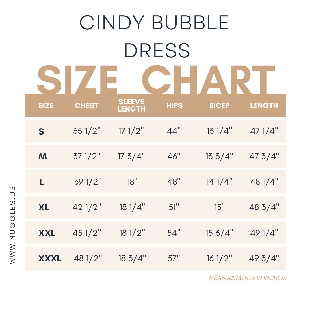 Size chart for the Nuggles® Cindy Bubble Dress showing measurements for bust, waist, hip, and dress length in sizes S through 3X.