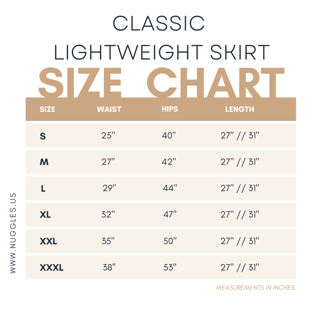 Size chart for Nuggles® Classic Lightweight Skirt showing waist and length measurements for 27-inch and 31-inch modest midi skirts.