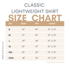 Size chart for Nuggles® Classic Lightweight Skirt showing waist and length measurements for 27-inch and 31-inch modest midi skirts.