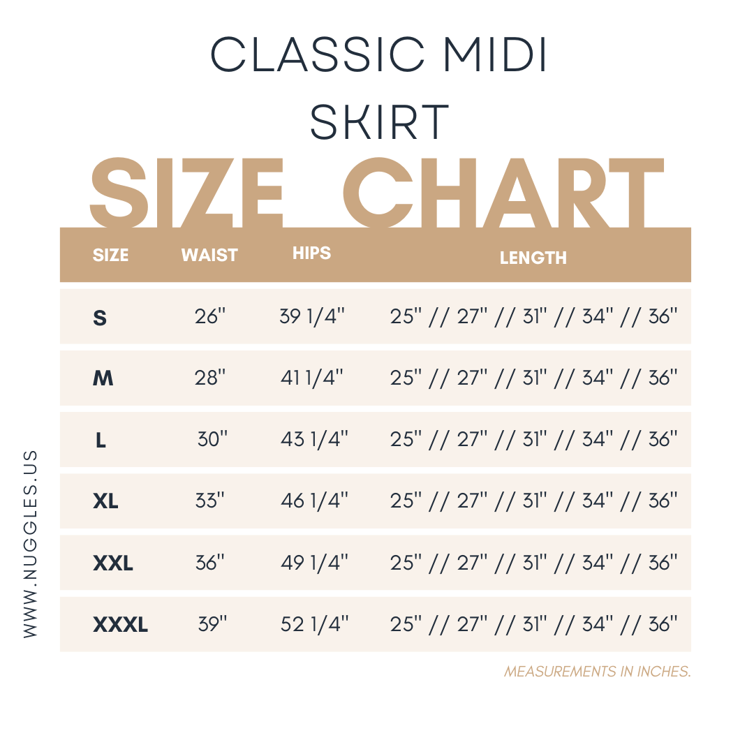 Classic Nuggles® Midi Skirt Size Chart showing waist, hip, and length measurements for sizes S to XXXL. Lengths available in 27", 31", and 34". Measurements listed in inches.