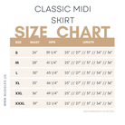 Size chart for the Nuggles® classic midi skirt with measurements in inches.