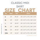 Size chart for the Nuggles® classic midi skirt with measurements in inches.