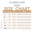 Classic Nuggles® Midi Skirt Size Chart showing waist, hip, and length measurements for sizes S to XXXL. Lengths available in 27", 31", and 34". Measurements listed in inches.
