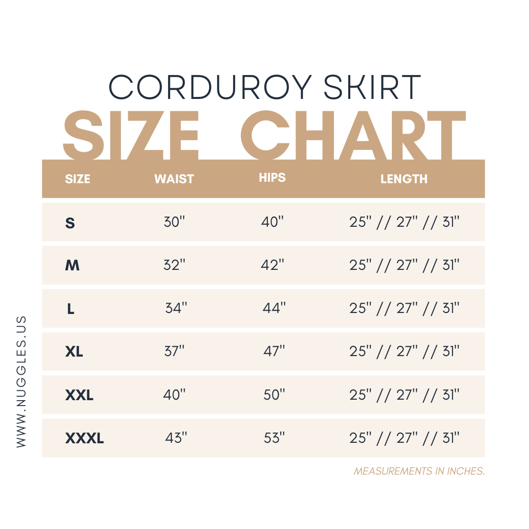 Nuggles® Corduroy skirt size chart showing measurements for 25, 27, and 31-inch lengths.