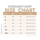 Corduroy skirt size chart with measurements in inches