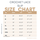 Nuggles® Crochet lace slip size chart with measurements in inches.