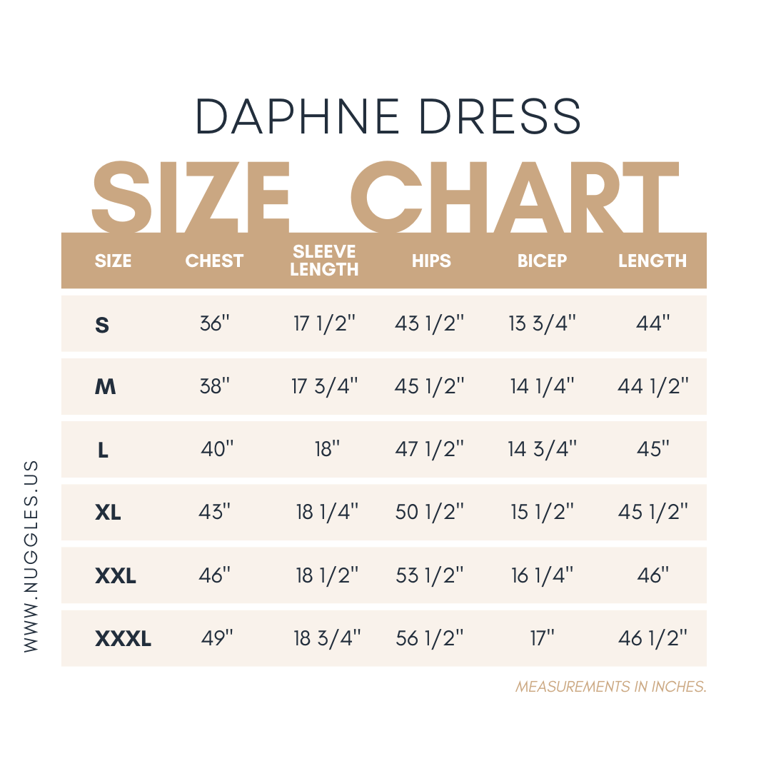Ladies Daphne Dress size chart – Nuggles® women’s modest dress measurements with length and fit details.