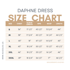 Ladies Daphne Dress size chart – Nuggles® women’s modest dress measurements with length and fit details.
