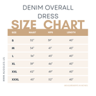 Size chart for Nuggles® Denim Overalls showing waist, hip, and length measurements for sizes S to XXXL in inches.