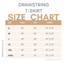Nuggles® Size chart for the Drawstring T-Skirt showing waist, hips, and skirt lengths for sizes S to XXXL in both 27" and 31" options.