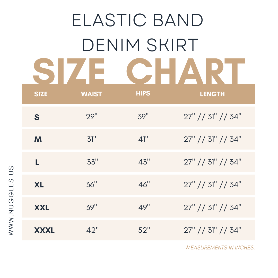 Size chart for Nuggles® Denim Skirt showing waist, hip, and length measurements for sizes S to XXXL in inches.