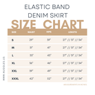 Size chart for Nuggles® Denim Skirt showing waist, hip, and length measurements for sizes S to XXXL in inches.