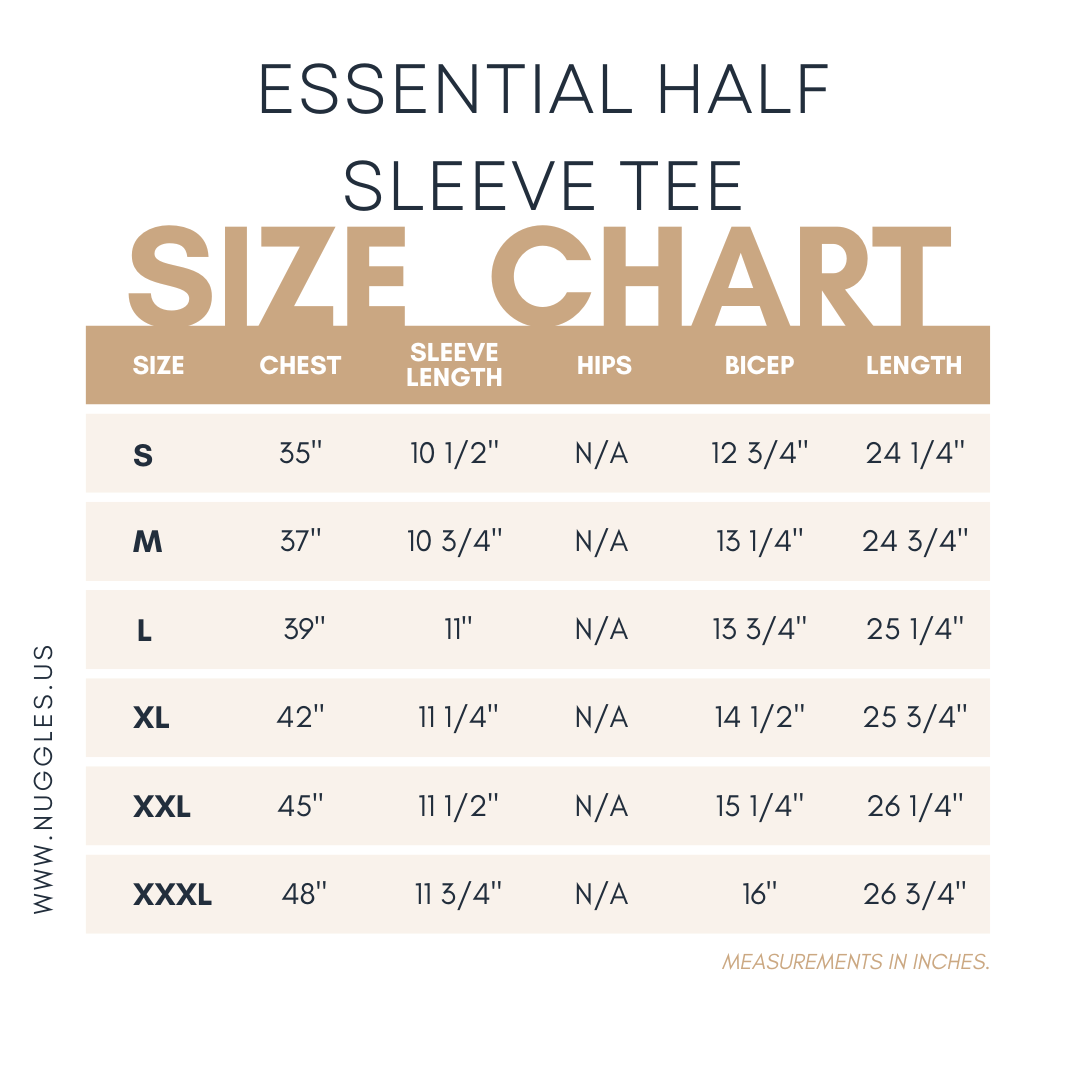 Nuggles® essential half sleeve tee size chart for women's modest fit.
