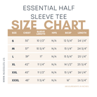 Nuggles® essential half sleeve tee size chart for women's modest fit.