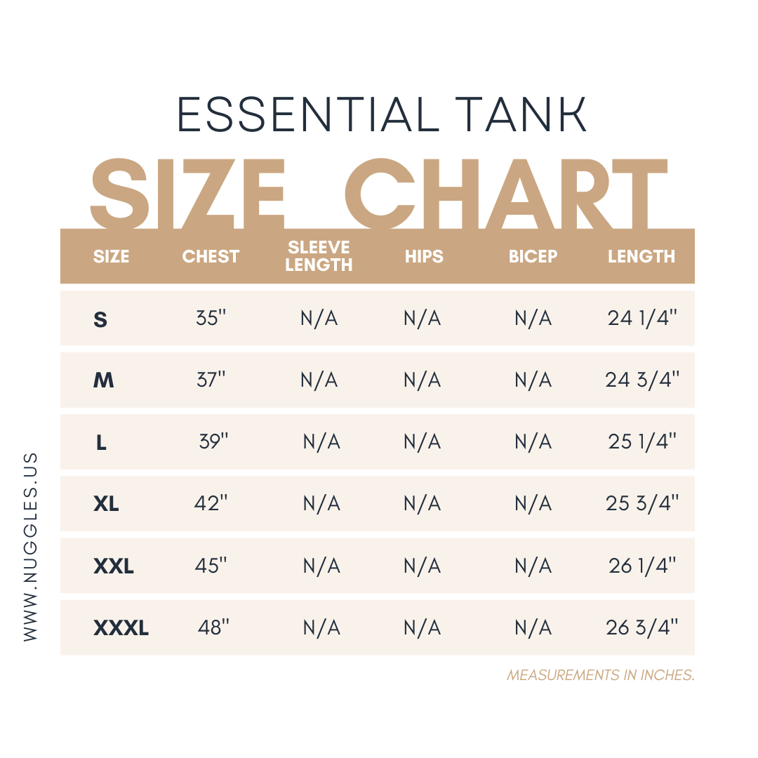 Size chart for Nuggles® Essential Tank – measurements for bust, length, and fit to help choose the right modest layering tank size.