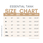 Size chart for Nuggles® Essential Tank – measurements for bust, length, and fit to help choose the right modest layering tank size.