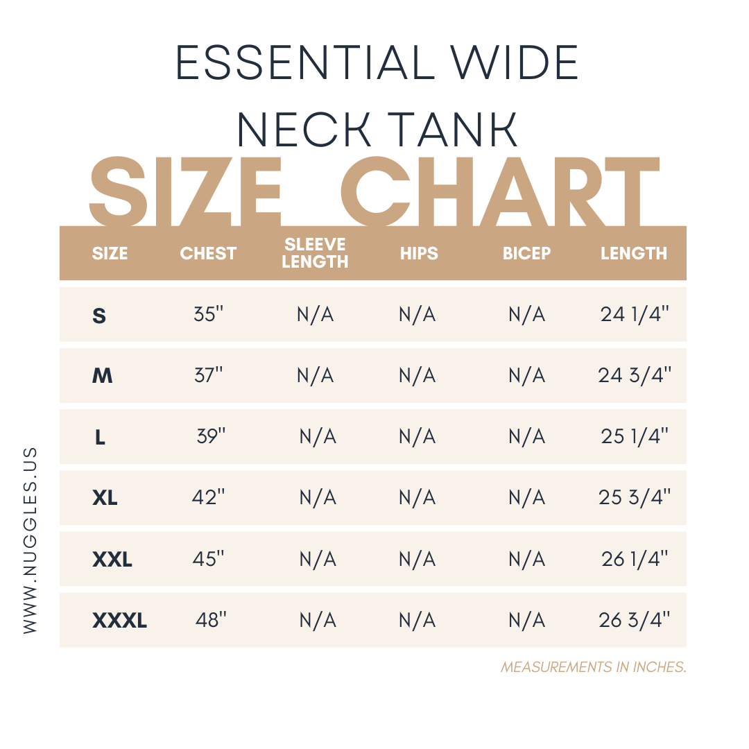 Size chart for Nuggles® Essential Tank – measurements for bust, length, and fit to help choose the right modest layering tank size.