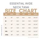 Size chart for Nuggles® Essential Tank – measurements for bust, length, and fit to help choose the right modest layering tank size.
