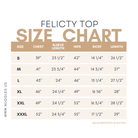 Nuggles® Felicity top size guide showing measurement chart for sizes XS to 3XL with bust, waist, and sleeve length.