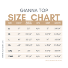 Size chart for the Nuggles® Gianna Top with measurements in inches