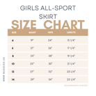 Girls’ size chart for modest athletic skirts with leggings – Nuggles® sizing guide