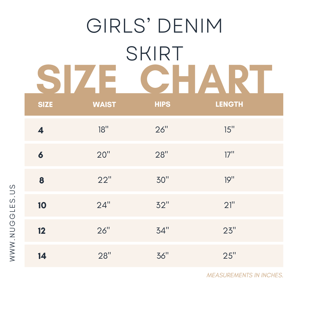 Girls' denim skirt size chart – Nuggles® modest midi skirt sizing guide with waist and length measurements.