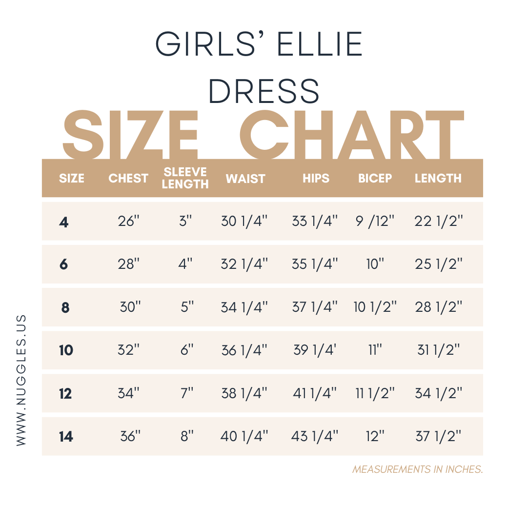 Size chart for Nuggles® Girls' Ellie Dress with measurements in inches