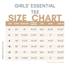 Nuggles® girls essential tee size chart – modest fit guide with measurements for girls 3/4 sleeve layering tee.