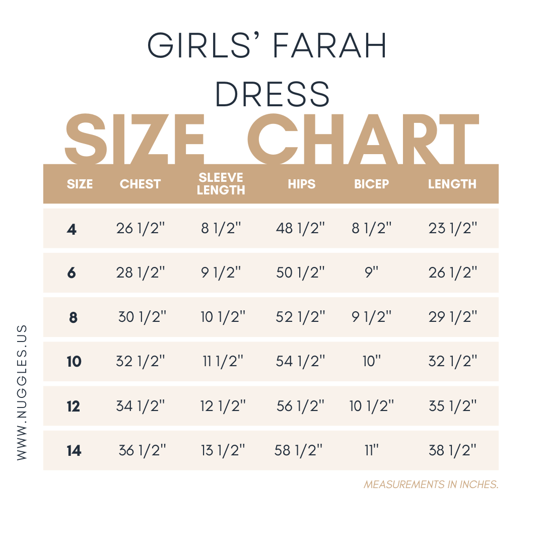 The Nuggles®Girls' Farah dress size chart with measurements in inches