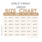 The Nuggles®Girls' Farah dress size chart with measurements in inches