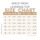 Girls' Mesh Layering Top size guide – toddler to big girl sizing (4T to 14), includes chest, length, and sleeve measurements