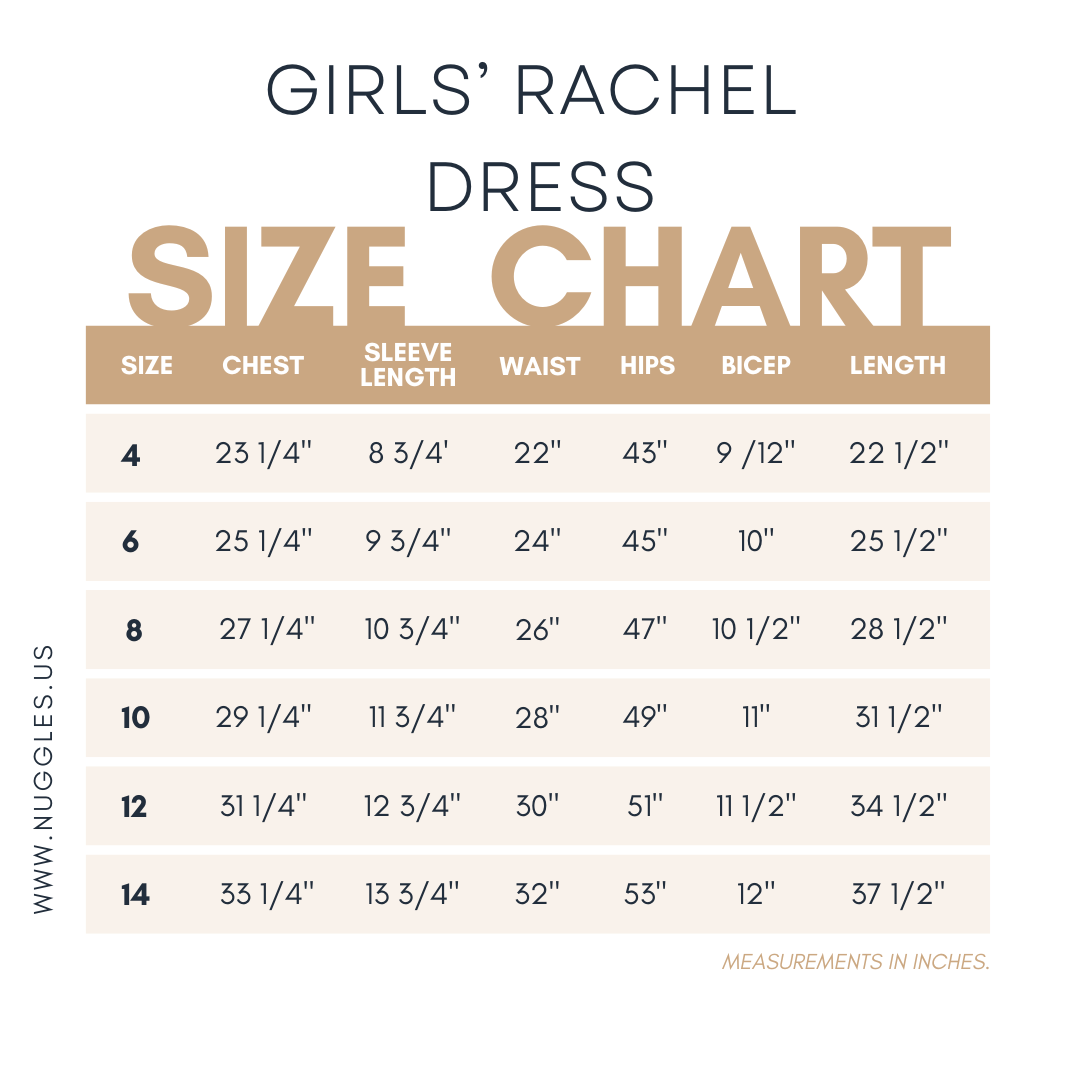 Size chart for Nuggles® Girls' Rachel Dress with measurements in inches