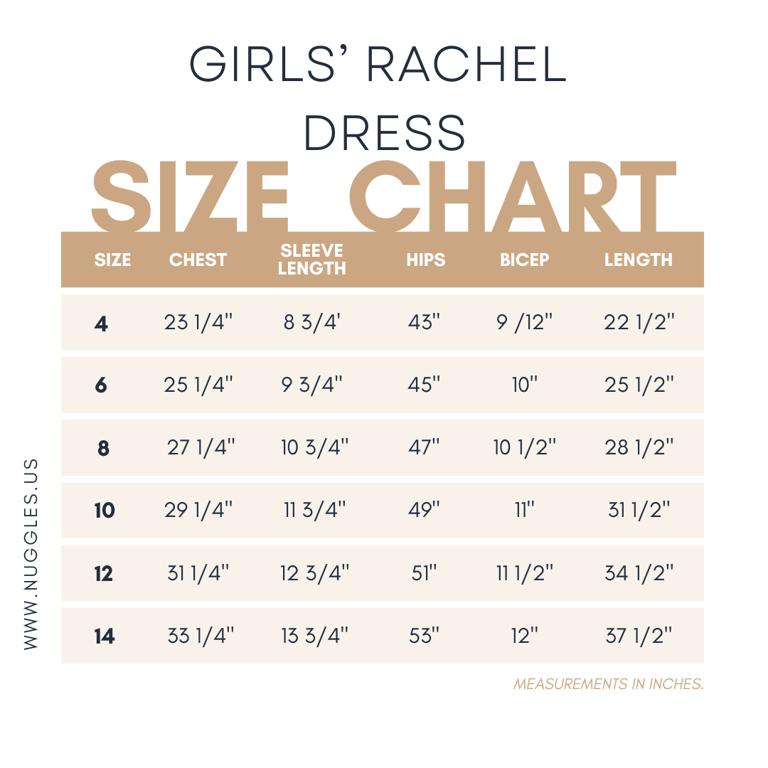 Size chart for Nuggles® Girls' Rachel Dress with measurements in inches