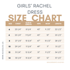 Size chart for Nuggles® Girls' Rachel Dress with measurements in inches