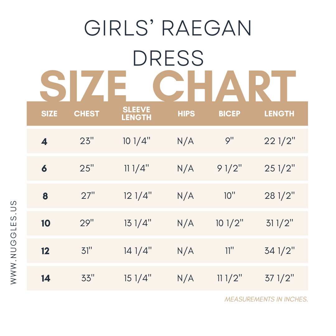 Nuggles® Raegan dress size chart with measurement details.