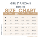 Nuggles® Raegan dress size chart with measurement details.