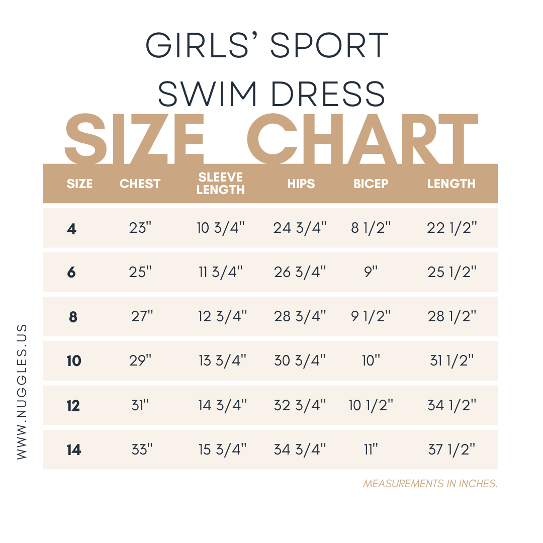 Size chart for Nuggles® Girls' Sport Swim Dress with measurements in inches 