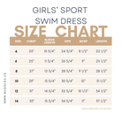 Size chart for Nuggles® Girls' Sport Swim Dress with measurements in inches 