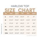 Nuggles® Harlow Top size chart with chest, sleeve, hips, bicep, and length measurements for sizes S to XXXL in inches.