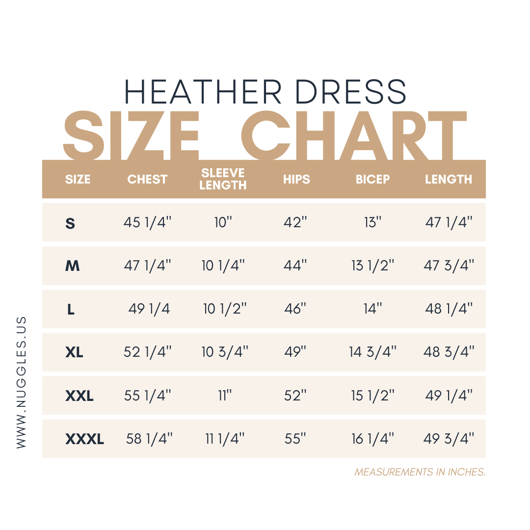Size chart for Nuggles® Heather Dress with measurements in inches 