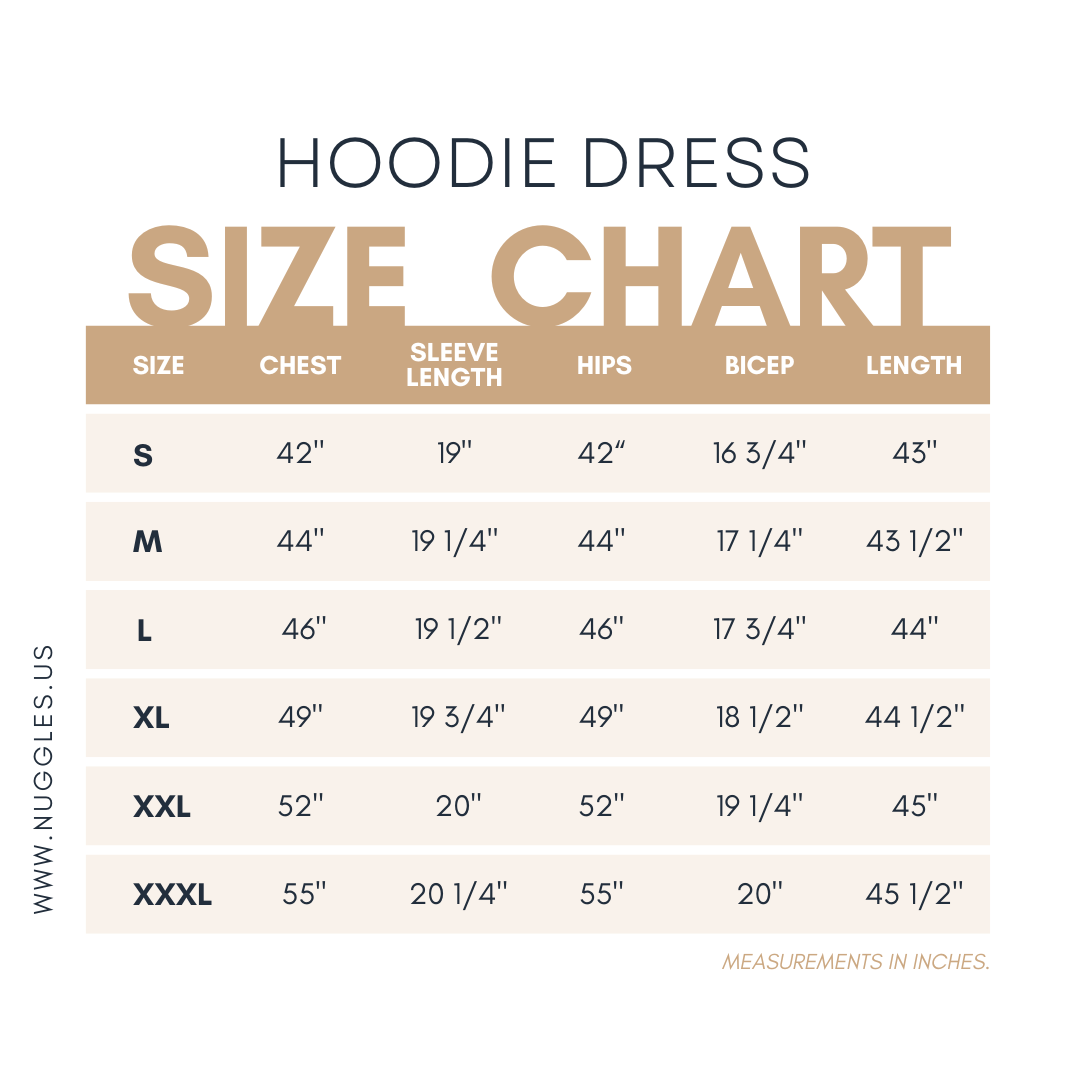 Size chart for the Nuggles® Hoodie Dress with measurements for each size
