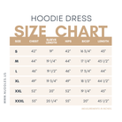 Size chart for the Nuggles® Hoodie Dress with measurements for each size