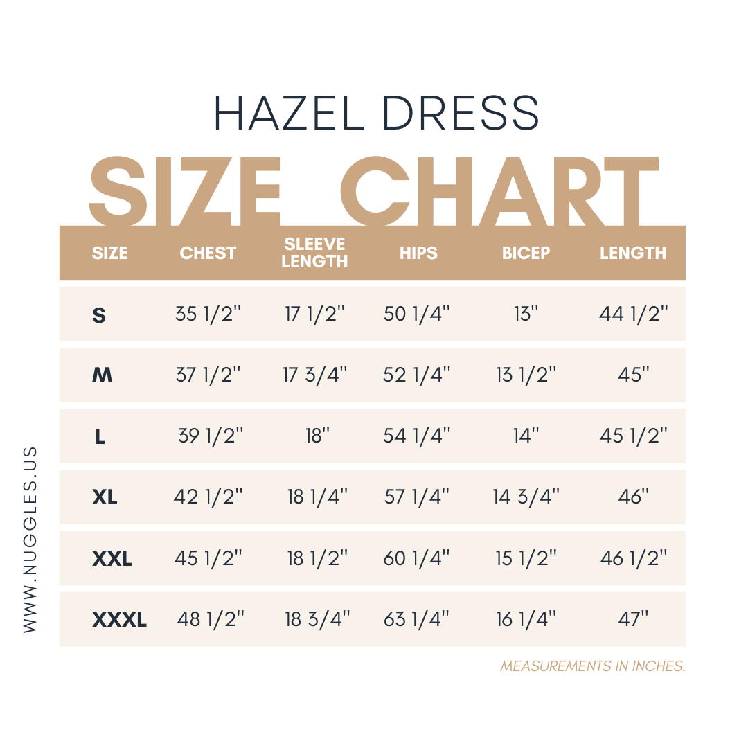 Nuggles® hazel dress size chart for women's modest fit.
