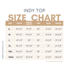 Nuggles®  Indy Top women’s size chart with measurements for accurate fit