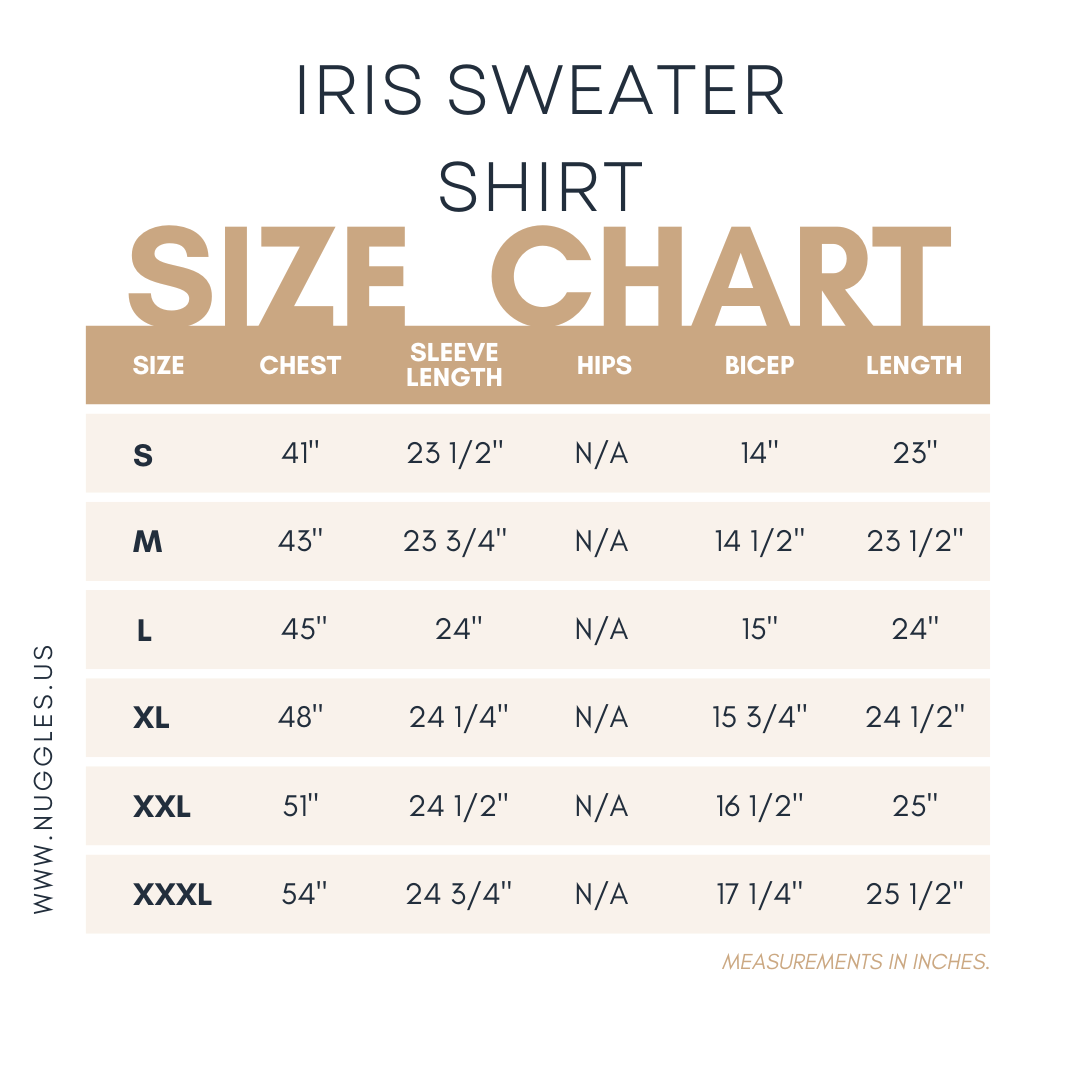 Size guide for Nuggles® Iris modest knit skirt and sweatshirt set including waist, bust, and hip measurements