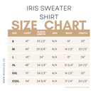 Size guide for Nuggles® Iris modest knit skirt and sweatshirt set including waist, bust, and hip measurements