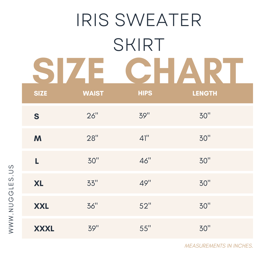 Size chart for the Nuggles® Iris Sweater Skirt with measurements in inches.
