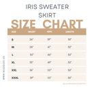 Size chart for the Nuggles® Iris Sweater Skirt with measurements in inches.